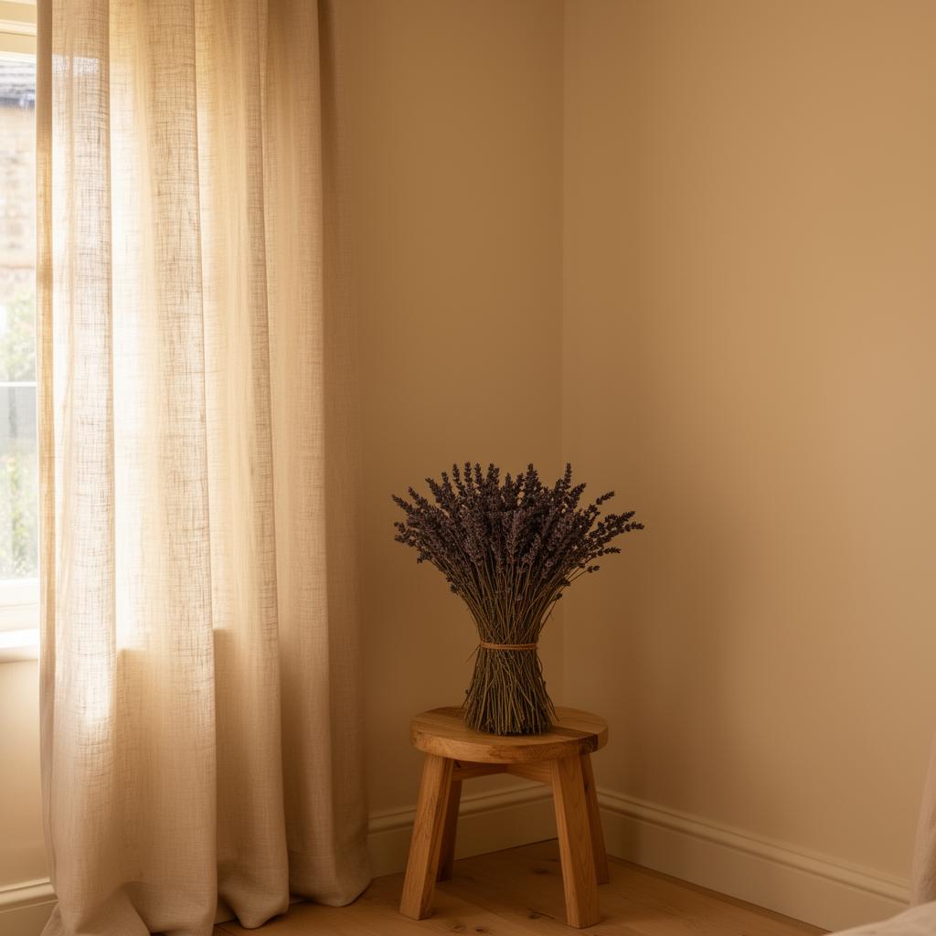 Soft natural light through linen curtains in a Cotswolds cottage corner